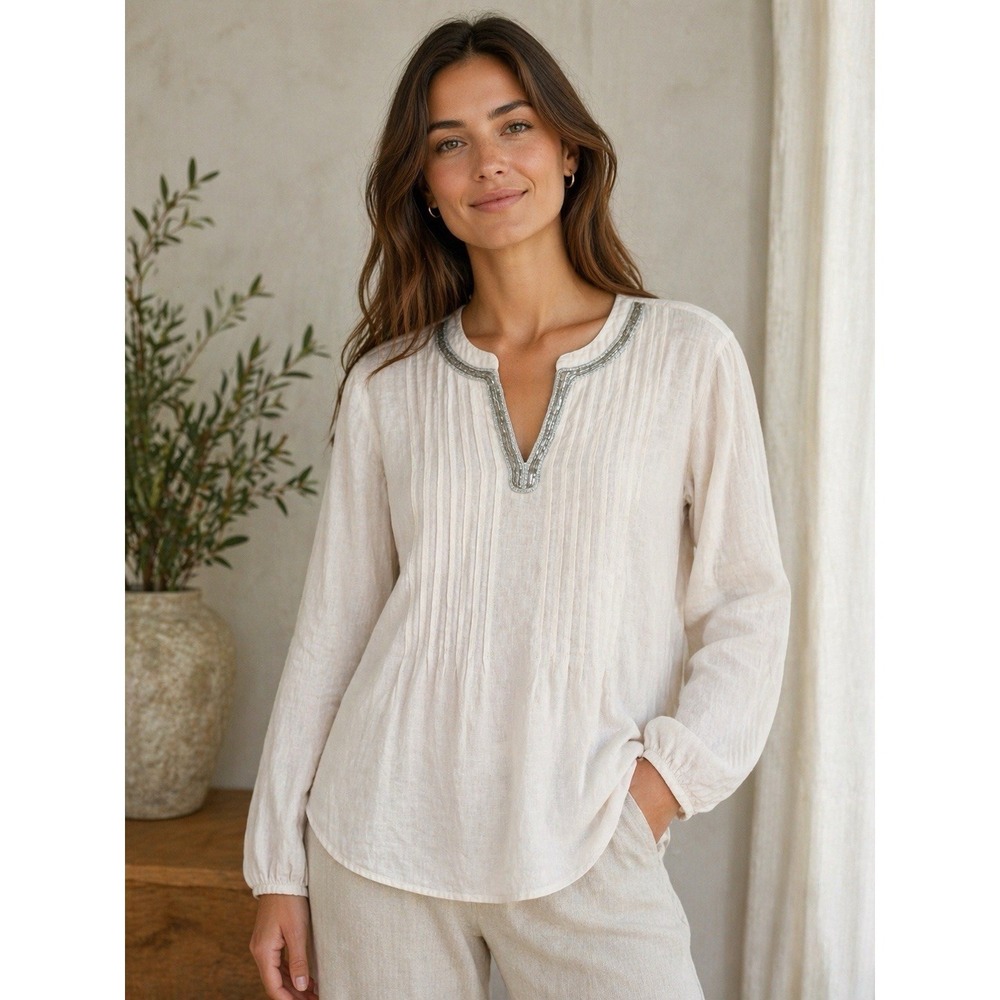 J. Jill Cream Embroidered V-Neck Pintuck Long-Sleeve Blouse